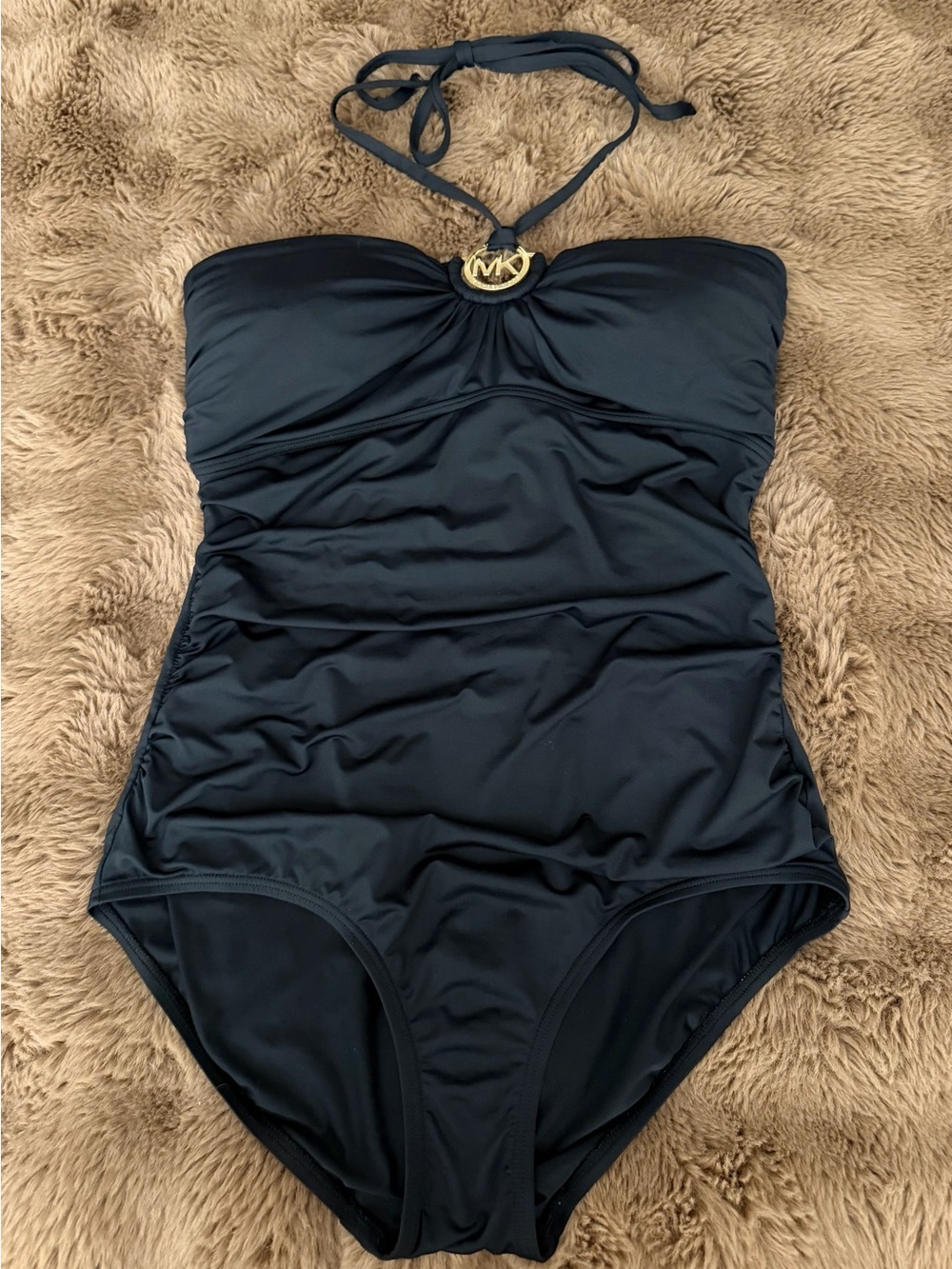 Michael Kors Black Tie-Neck One-Piece Swimsuit with Gold MK Emblem